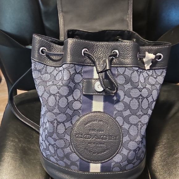 Coach Navy Monogram Drawstring Backpack - Picture 2 of 7